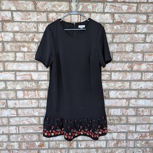 Calvin Klein 14 Black Embroidered Floral Flower Shift Dress Short Sleeves